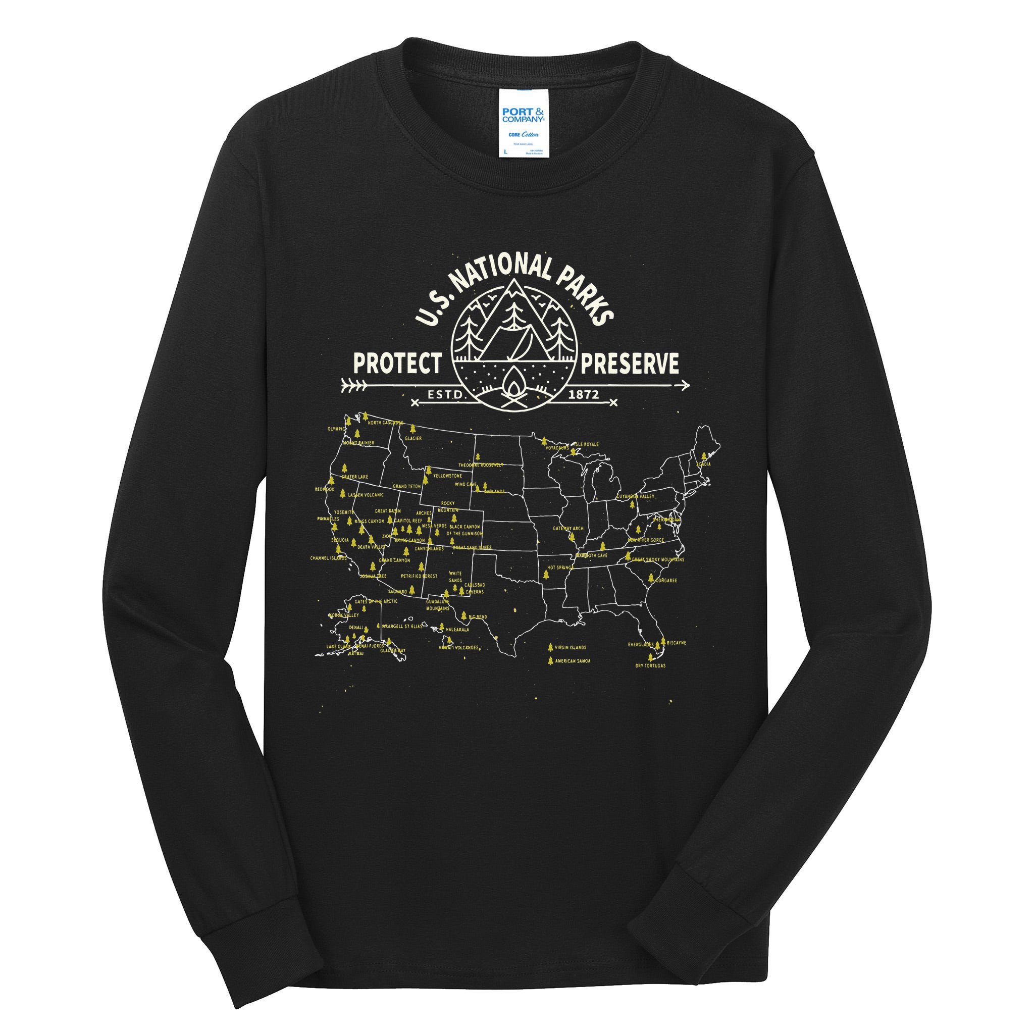 U.S. National Park Camping All 63 US National Parks Map Tall Long Sleeve T-Shirt