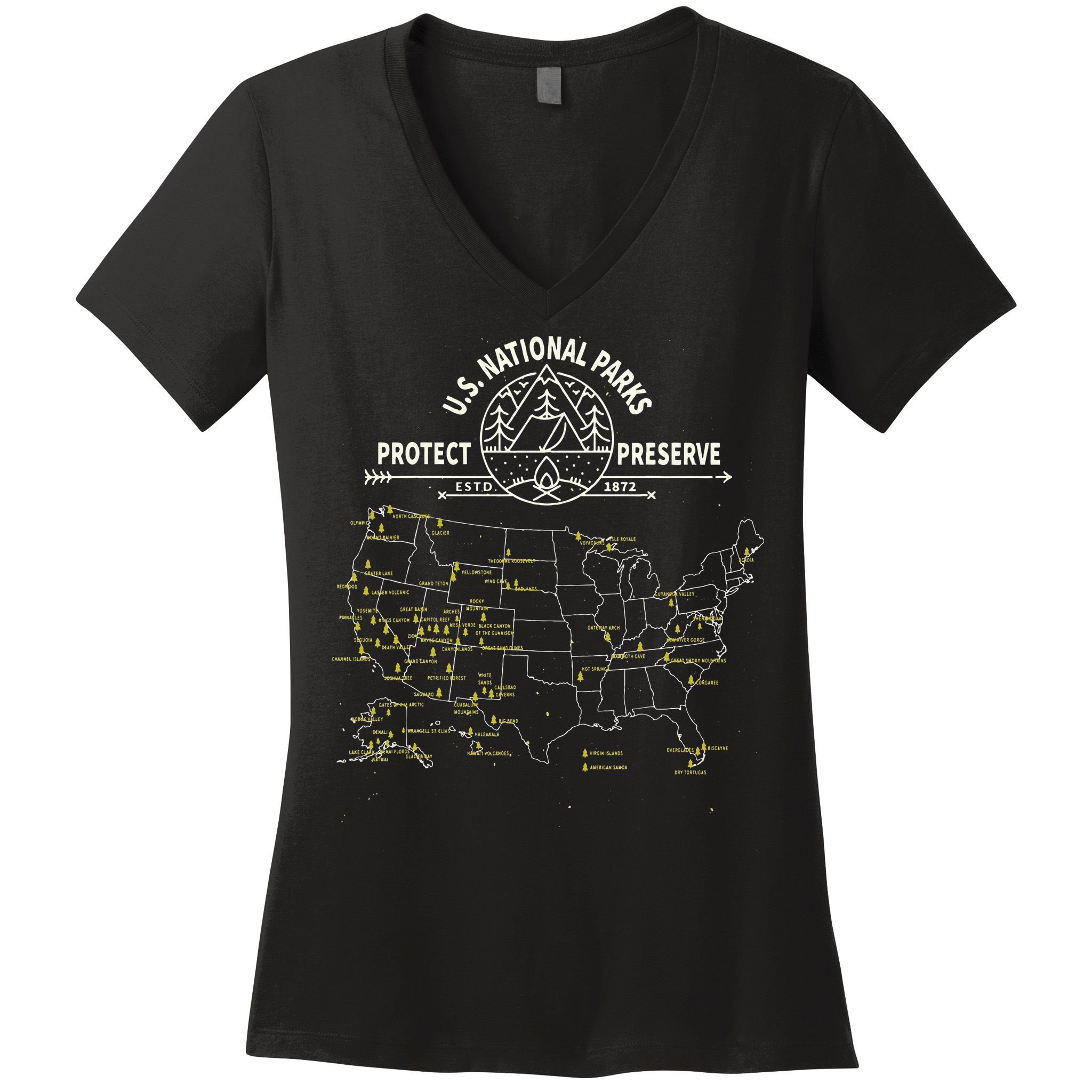U.S. National Park Camping All 63 US National Parks Map Women's V-Neck T-Shirt