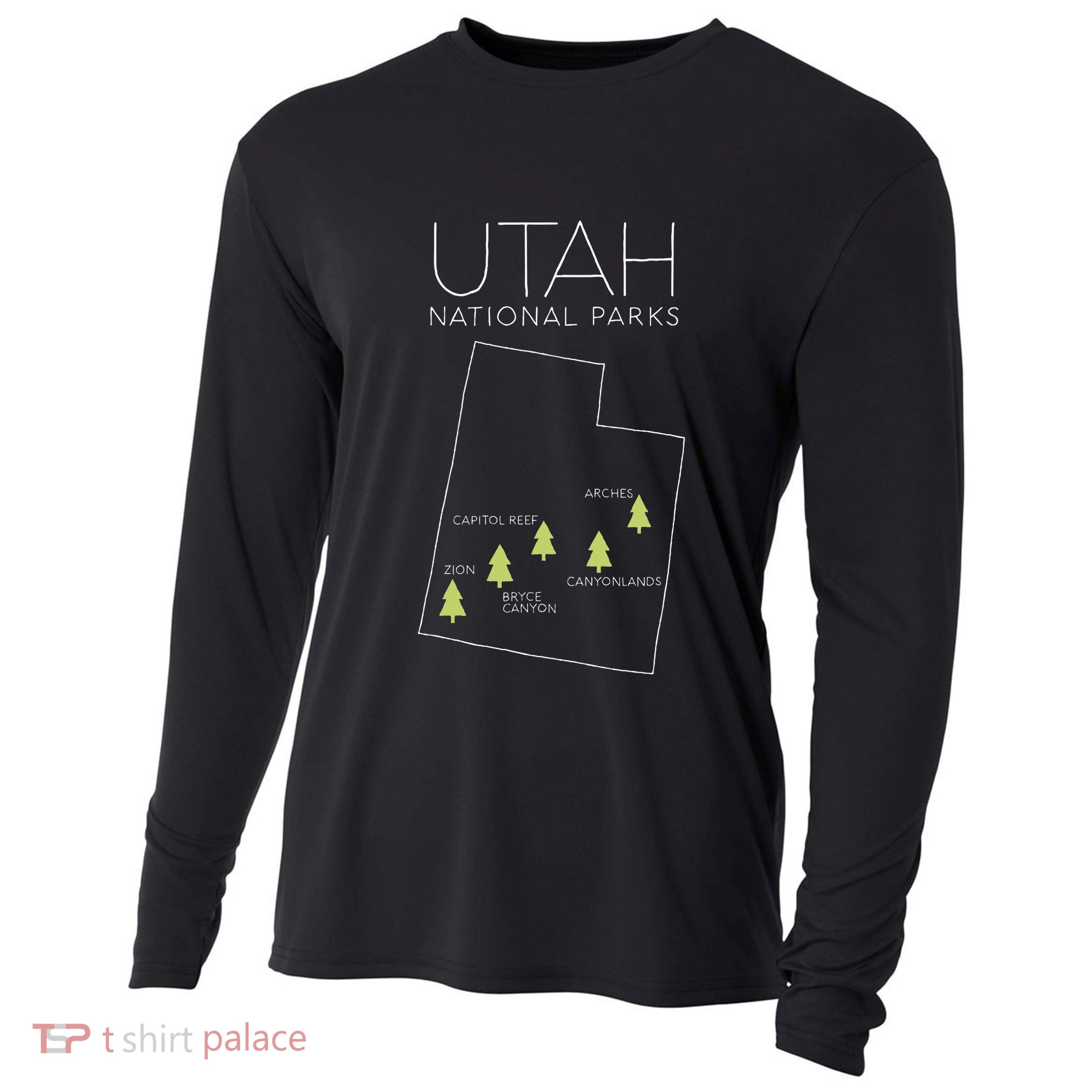 Utah National Park Map Zion Bryce Canyon Arches Canyonlands Cooling Performance Long Sleeve Crew