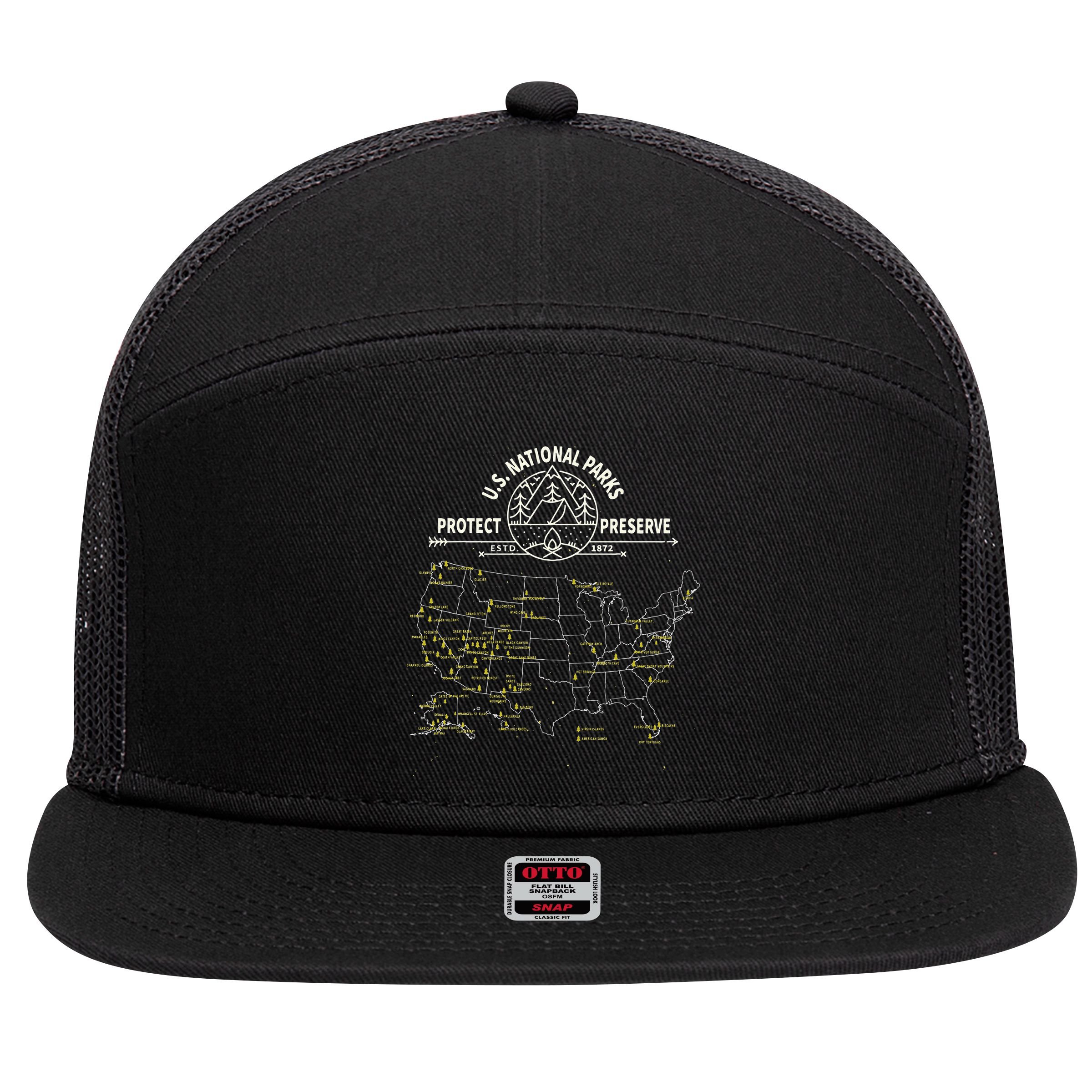 U.S. National Park Camping All 63 US National Parks Map 7 Panel Mesh Trucker Snapback Hat