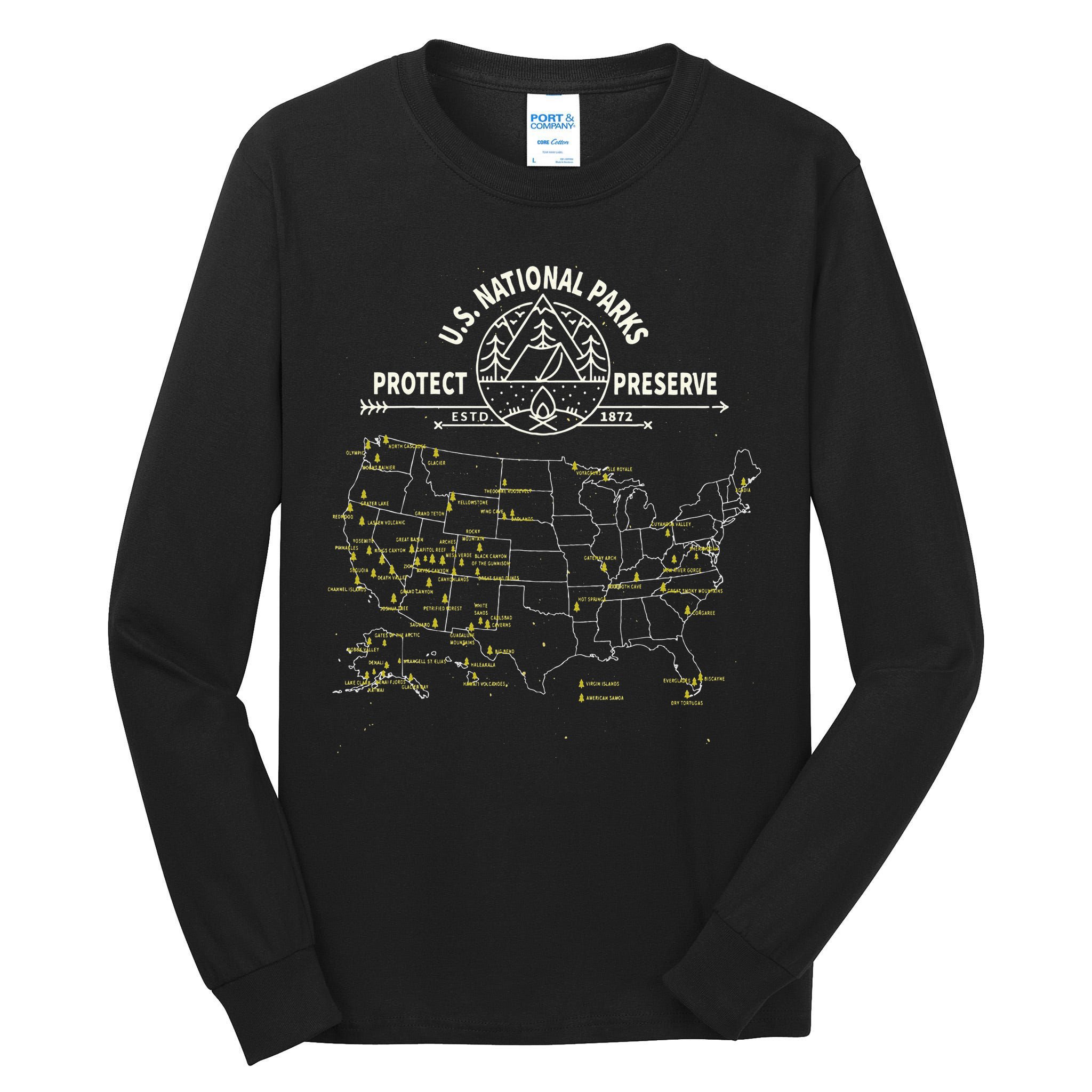 U.S. National Park Camping All 63 US National Parks Map Tall Long Sleeve T-Shirt