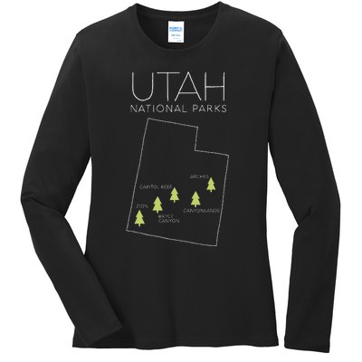 Utah National Park Map Zion Bryce Canyon Arches Canyonlands Ladies Long Sleeve Shirt