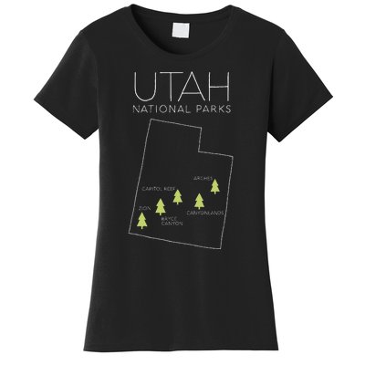 Utah National Park Map Zion Bryce Canyon Arches Canyonlands Women's T-Shirt