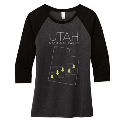 Utah National Park Map Zion Bryce Canyon Arches Canyonlands Women's Tri-Blend 3/4-Sleeve Raglan Shirt