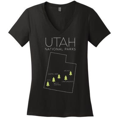 Utah National Park Map Zion Bryce Canyon Arches Canyonlands Women's V-Neck T-Shirt