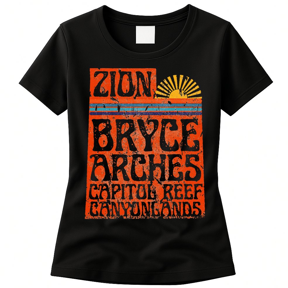 Utah National Parks Zion Arches Bryce Canyonlands State Map Womens T-Shirt
