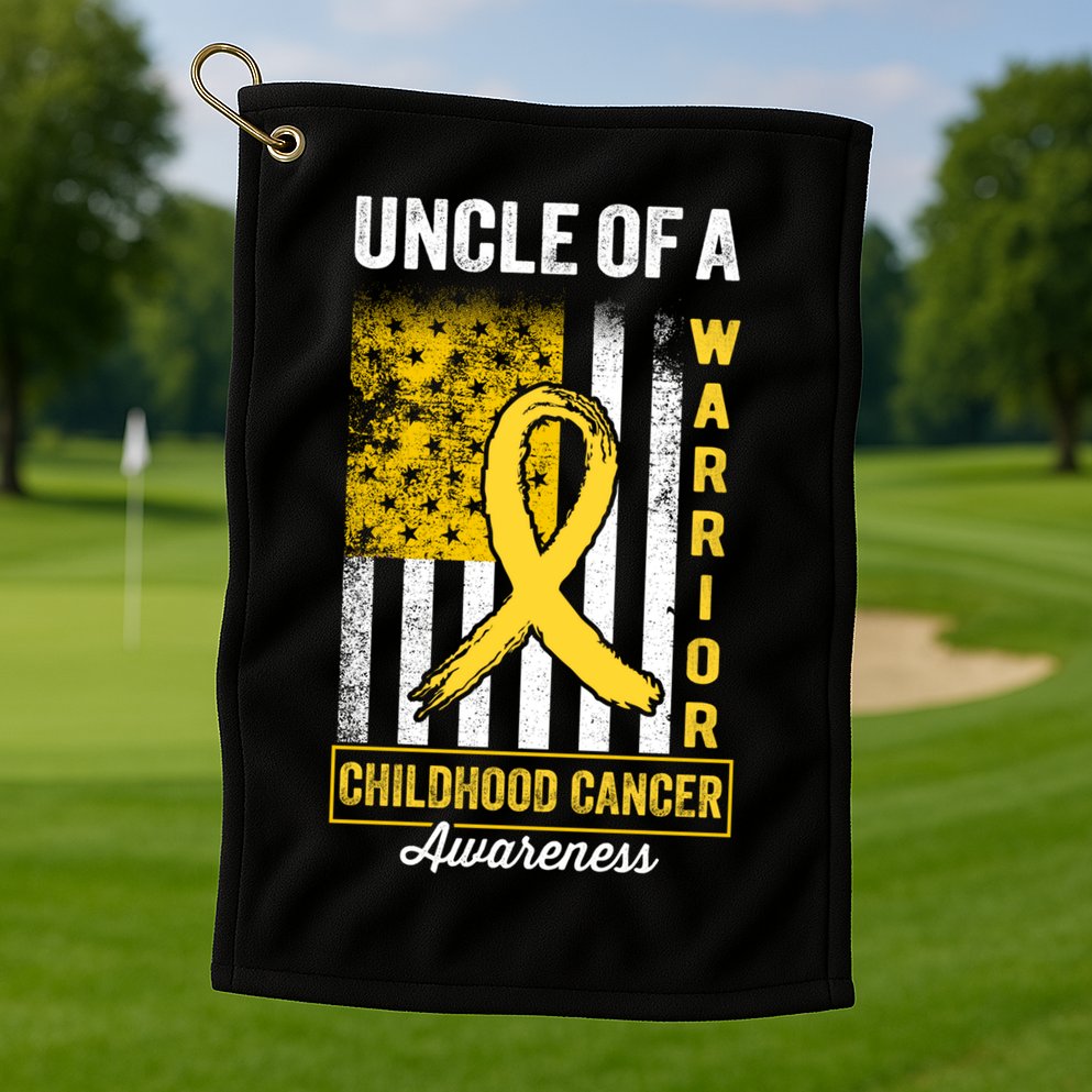 Uncle Of A Warrior Childhood Cancer Awareness Gold Us Flag Cool Gift Golf Towel