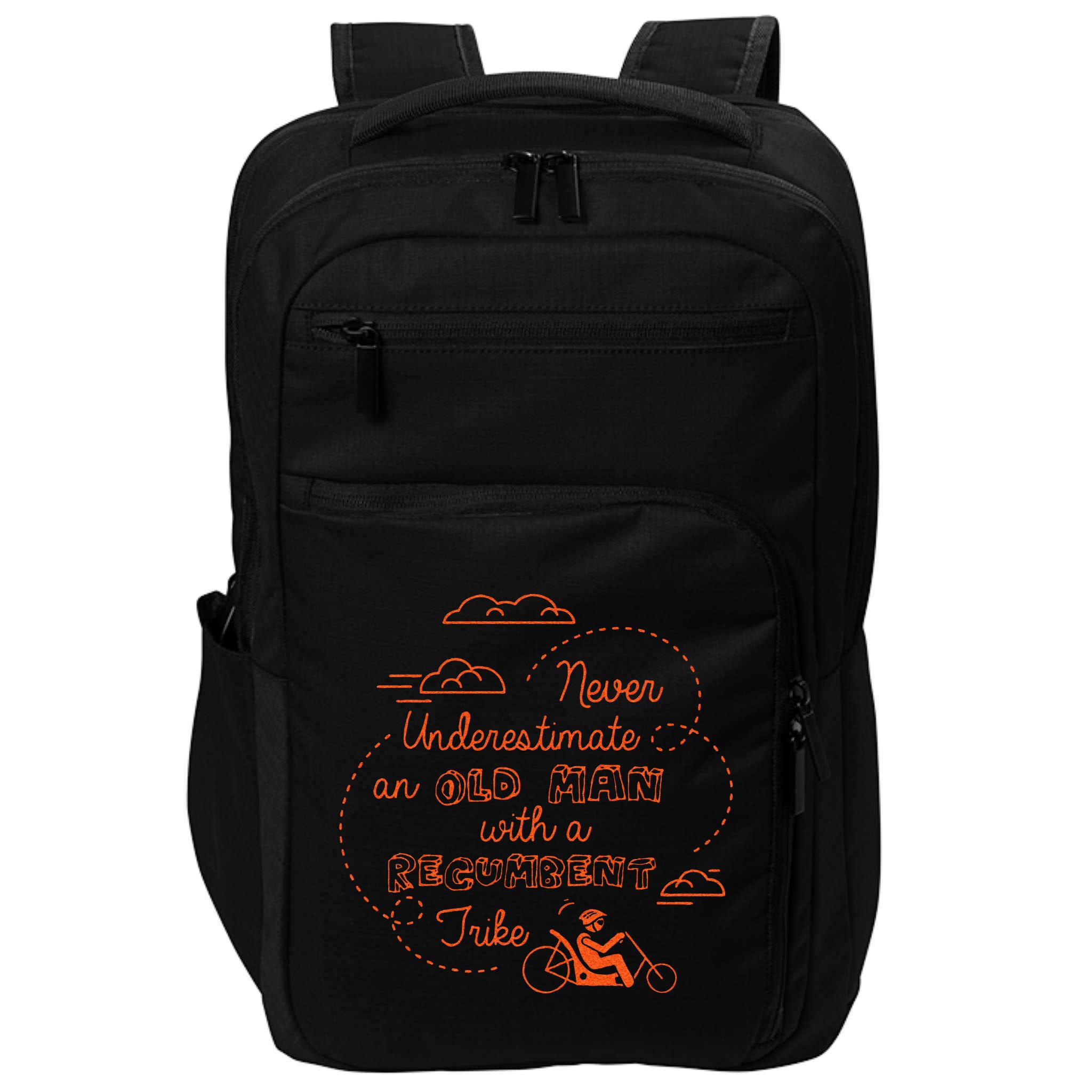 Underestimate Old Man Recumbent Trike Bike Bicycle Gift Impact Tech Backpack