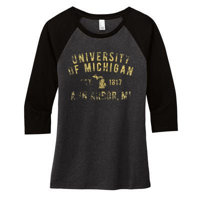 U.N.I.V.E.R.S.I.T.Y Of M.I.C.H.I.G.A.N W.O.L.V.E.R.I.N.E.S Simple State Women's Tri-Blend 3/4-Sleeve Raglan Shirt