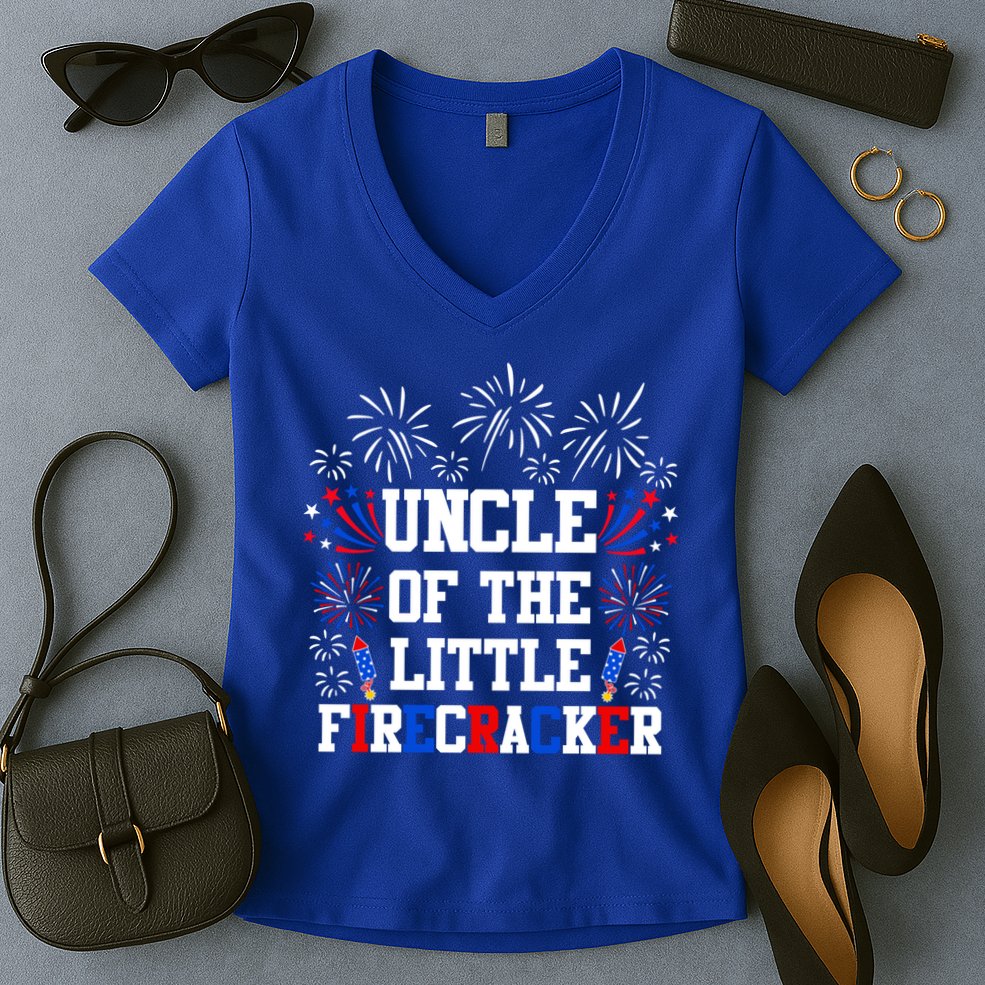 Uncle Of The Little Firecracker Funny Gift 4th Of July Birthday Gift Women's V-Neck T-Shirt