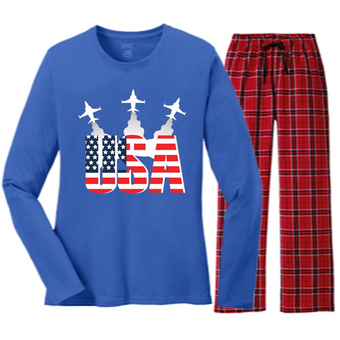 USA Pilot 4th Of July Patriotic Women's Long Sleeve Flannel Pajama Set 