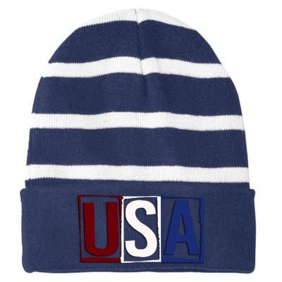 USA Patriotic 4th Of July Striped Beanie with Solid Band