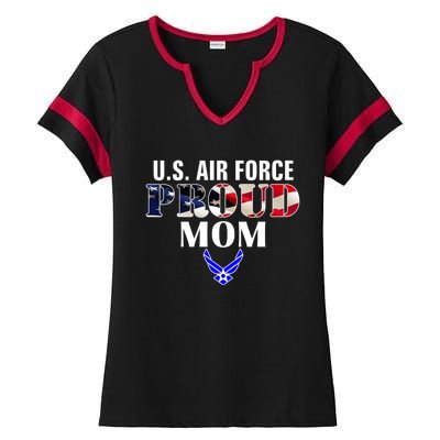 Us Proud Air Force Mom With American Flag Gift For Veteran Cool Gift Ladies Halftime Notch Neck Tee