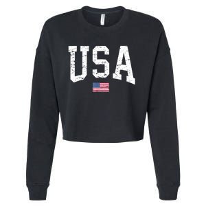 USA Patriotic American Flag Distressed Cropped Pullover Crew