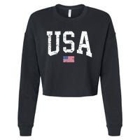 USA Patriotic American Flag Distressed Cropped Pullover Crew