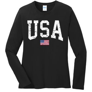 USA Patriotic American Flag Distressed Ladies Long Sleeve Shirt