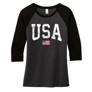 USA Patriotic American Flag Distressed Women's Tri-Blend 3/4-Sleeve Raglan Shirt