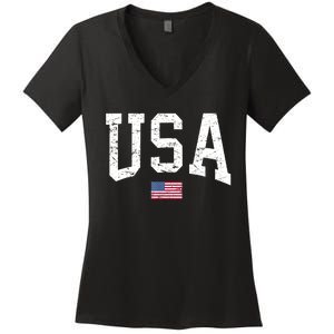 USA Patriotic American Flag Distressed Women's V-Neck T-Shirt