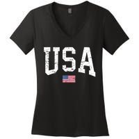 USA Patriotic American Flag Distressed Women's V-Neck T-Shirt