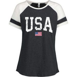 USA Patriotic American Flag Distressed Enza Ladies Jersey Colorblock Tee