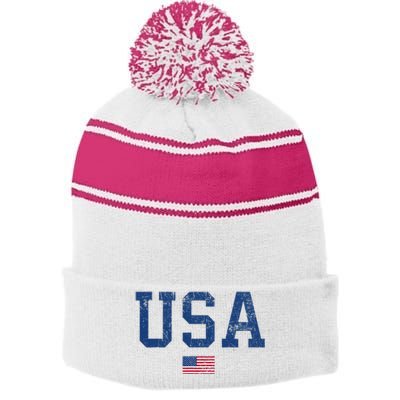 Usa Patriotic American Flag Distressed Stripe Pom Pom Beanie