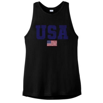 Usa Patriotic American Flag Design In Blue Vtrn Ladies PosiCharge Tri-Blend Wicking Tank