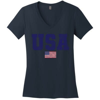 Usa Patriotic American Flag Design In Blue Vtrn Women's V-Neck T-Shirt