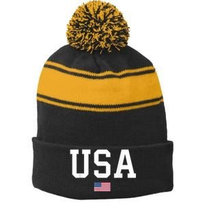 Usa Patriotic American Flag July 4th Stripe Pom Pom Beanie