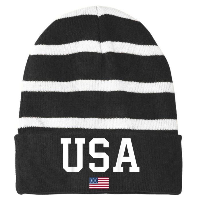 Usa Patriotic American Flag July 4th Striped Beanie with Solid Band