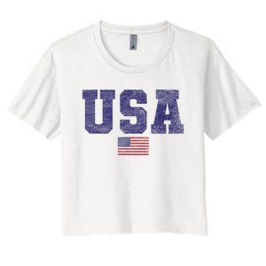 Usa Patriotic American Flag Design In Blue Vtrn Women's Crop Top Tee