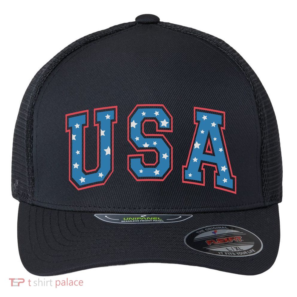USA Patriotic American Flag 4th Of July Flexfit Unipanel Trucker Cap
