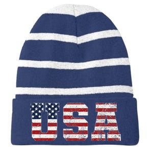 Usa Patriotic American Flag Striped Beanie with Solid Band