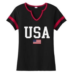 Usa Patriotic American Flag Us V Neck Ladies Halftime Notch Neck Tee