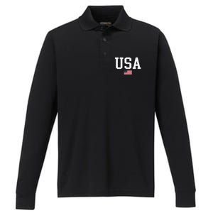 Usa Patriotic American Flag Us V Neck Performance Long Sleeve Polo