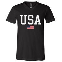 Usa Patriotic American Flag Us V Neck V-Neck T-Shirt