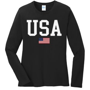 Usa Patriotic American Flag Us V Neck Ladies Long Sleeve Shirt