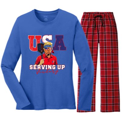 Usa Pickleball Champ Patriotic Trump & Pickleball Women's Long Sleeve Flannel Pajama Set 