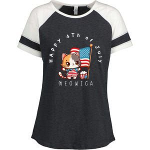 USA Patriotic Cat celebrating the 4th of July MEOICA Enza Ladies Jersey Colorblock Tee