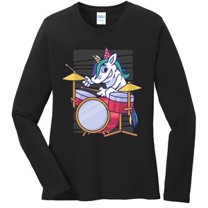 Unicorn Playing Drum Ladies Long Sleeve Shirt