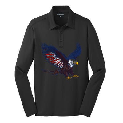 USA Patriotic Eagle Flag 4th Of July Silk Touch Performance Long Sleeve Polo