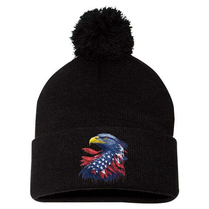 USA Patriotic Eagle Flag Pom Pom 12in Knit Beanie