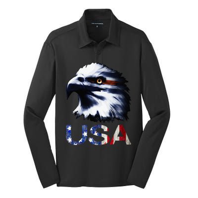 USA Patriotic Eagle Head 4th Of July Independence Day Silk Touch Performance Long Sleeve Polo