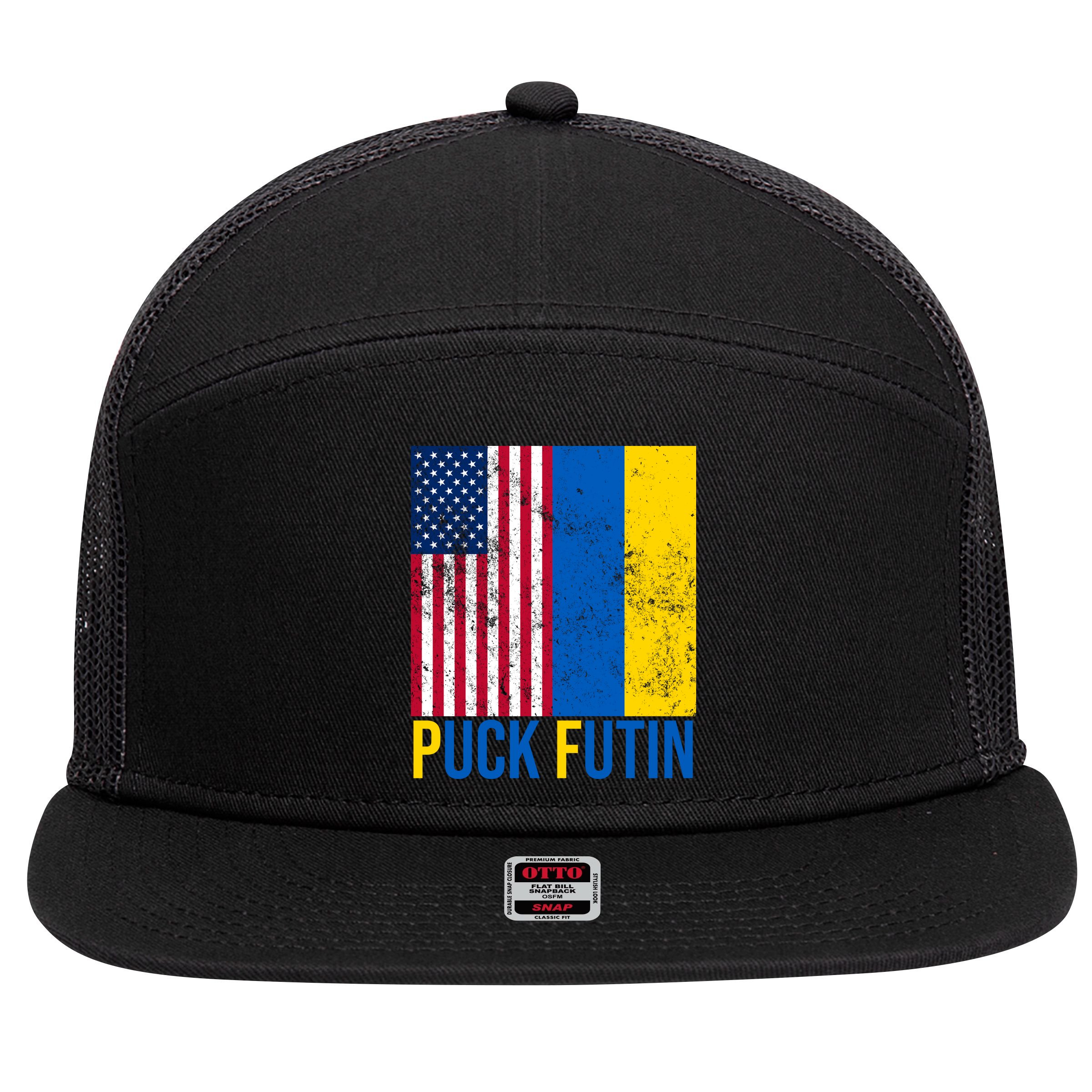 Ukraine Puck Futin USA Flag 7 Panel Mesh Trucker Snapback Hat