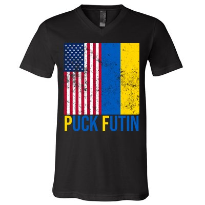 Ukraine Puck Futin USA Flag V-Neck T-Shirt