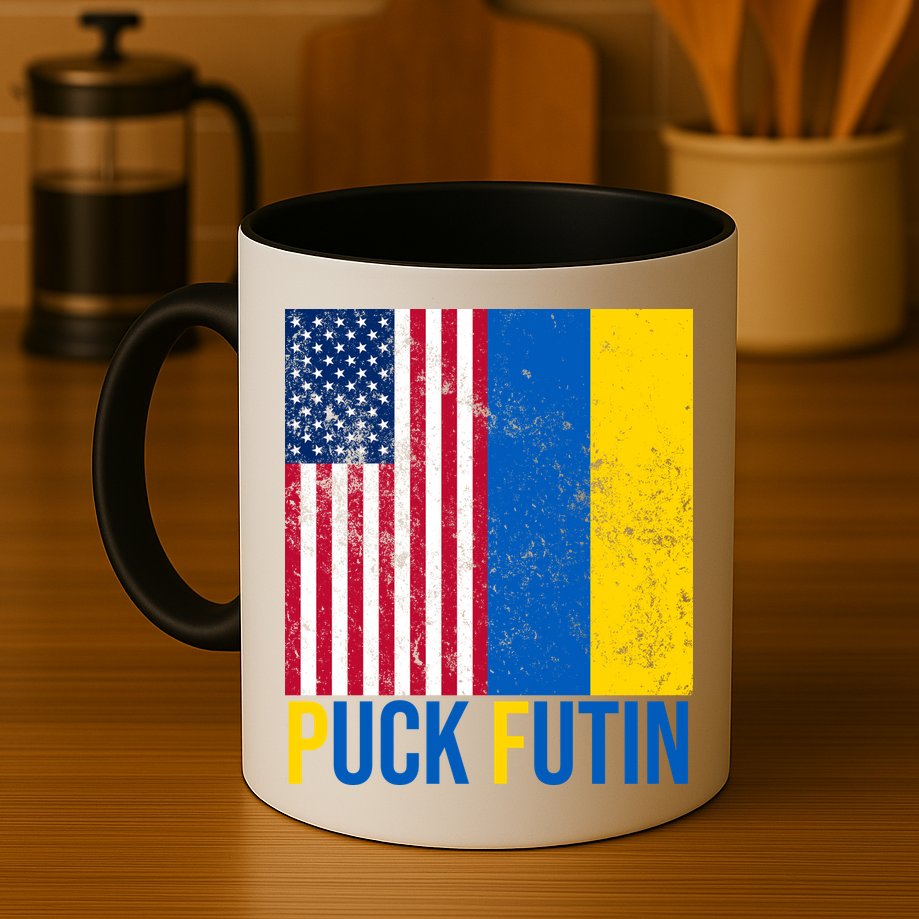 Ukraine Puck Futin USA Flag Mug