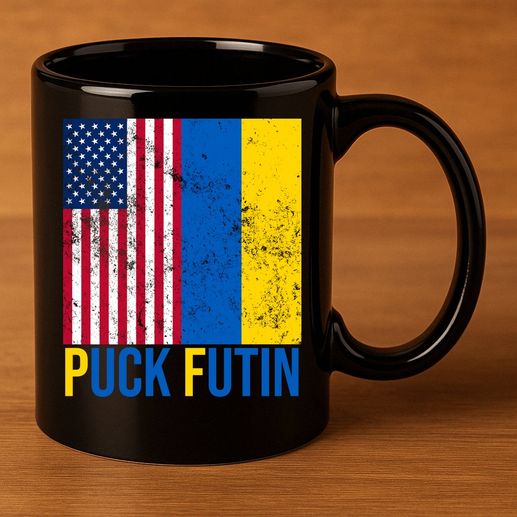 Ukraine Puck Futin USA Flag 11oz C Handle Ceramic Mug
