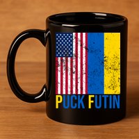 Ukraine Puck Futin USA Flag 11oz C Handle Ceramic Mug