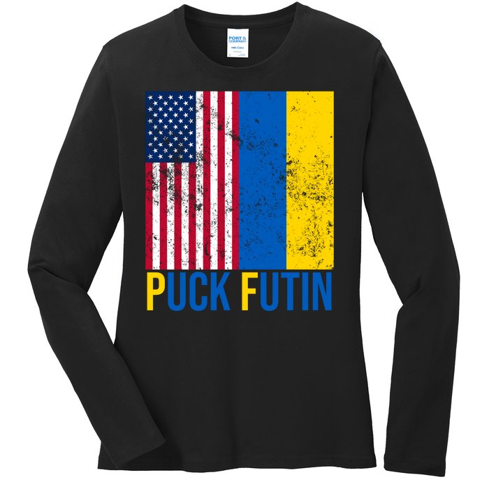 Ukraine Puck Futin USA Flag Ladies Long Sleeve Shirt