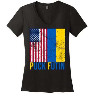 Ukraine Puck Futin USA Flag Women's V-Neck T-Shirt