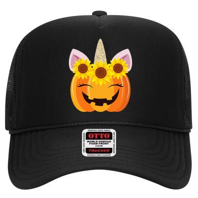 Unicorn Pumpkin Face Sunflower Costume Funny Halloween Gift High Crown Mesh Back Trucker Hat